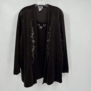 Superline Women Jacket Size XL Vintage Brown Embroidered Open Front Layered Look